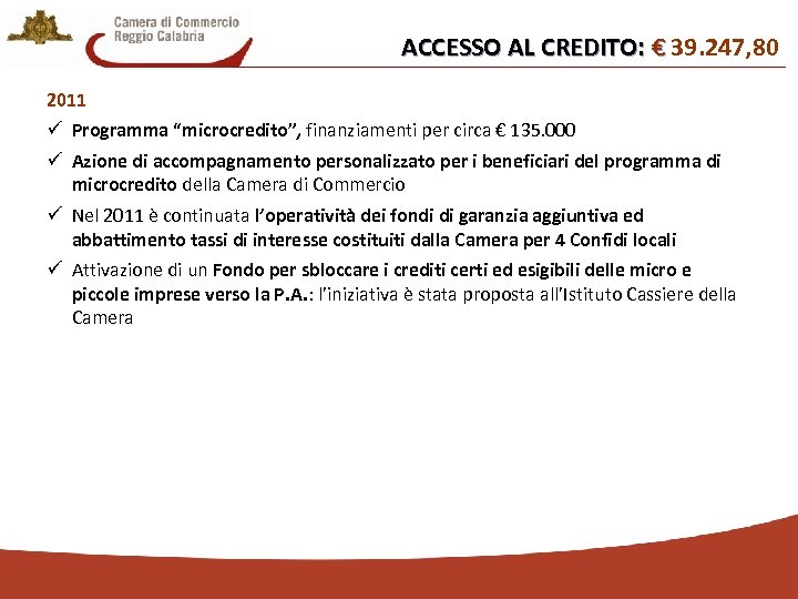 ACCESSO AL CREDITO: € 39. 247, 80 € 2011 ü Programma “microcredito”, finanziamenti per