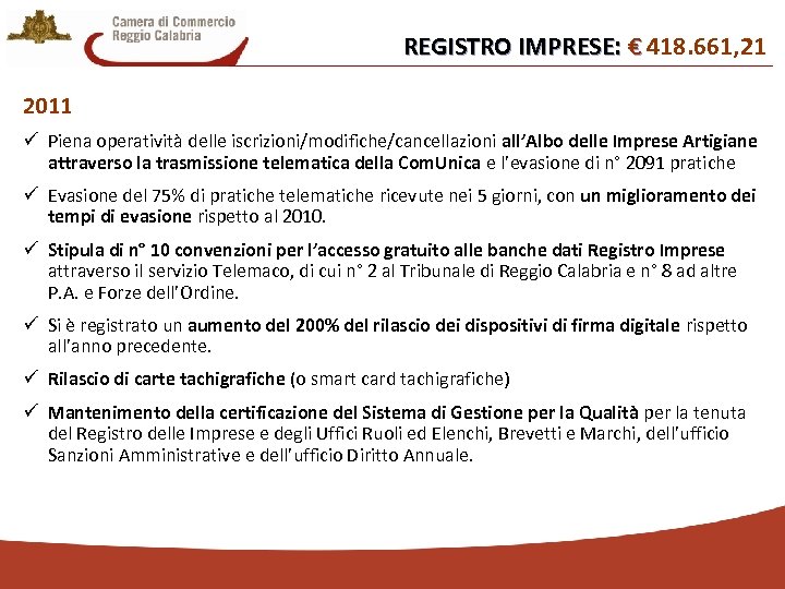 REGISTRO IMPRESE: € 418. 661, 21 € 2011 ü Piena operatività delle iscrizioni/modifiche/cancellazioni all’Albo