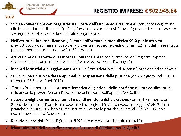 2012 REGISTRO IMPRESE: € 502. 943, 64 € ü Stipula convenzioni con Magistratura, Forze