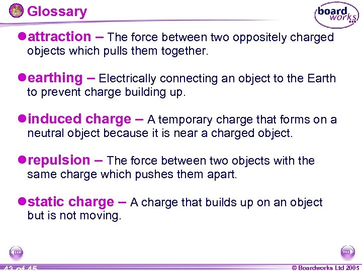 Glossary lattraction – The force between two oppositely charged objects which pulls them together.