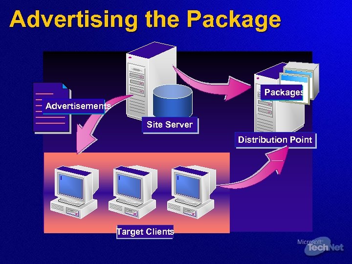 Advertising the Packages Advertisements Site Server Distribution Point Target Clients 