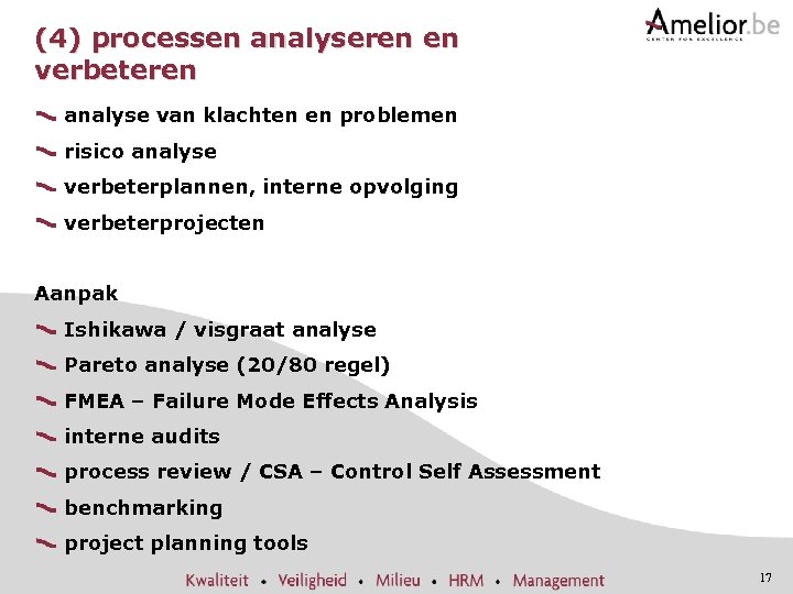 (4) processen analyseren en verbeteren analyse van klachten en problemen risico analyse verbeterplannen, interne