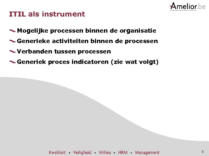 ITIL als instrument Mogelijke processen binnen de organisatie Generieke activiteiten binnen de processen Verbanden