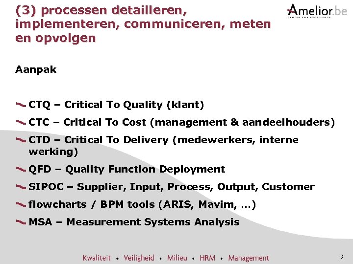 (3) processen detailleren, implementeren, communiceren, meten en opvolgen Aanpak CTQ – Critical To Quality