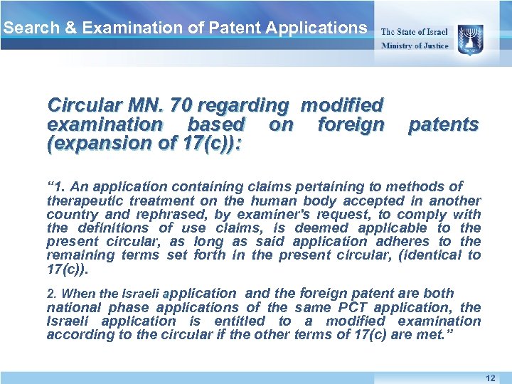 Search & Examination of Patent Applications Circular MN. 70 regarding modified examination based on