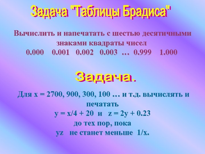  Вычислить и напечатать с шестью десятичными знаками квадраты чисел 0. 000 0. 001