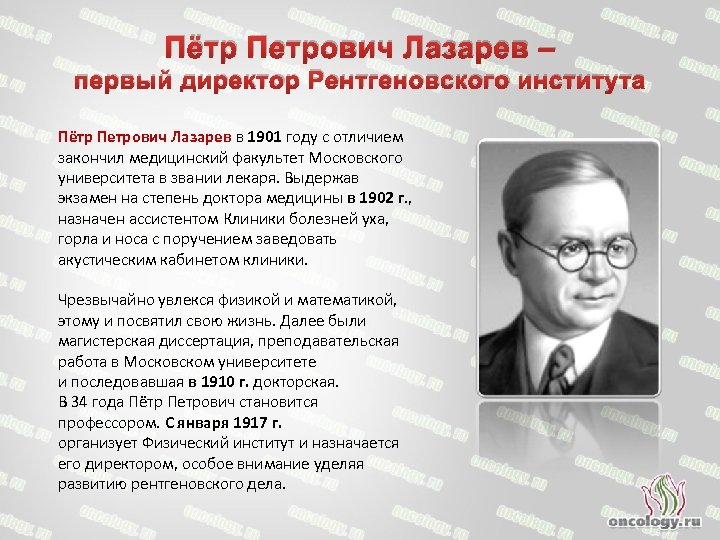 Пётр Петрович Лазарев – первый директор Рентгеновского института Пётр Петрович Лазарев в 1901 году
