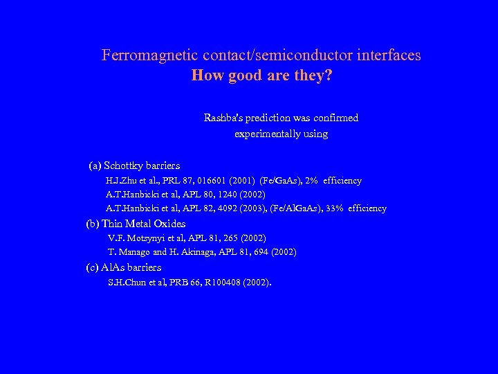 Ferromagnetic contact/semiconductor interfaces How good are they? Rashba's prediction was confirmed experimentally using (a)