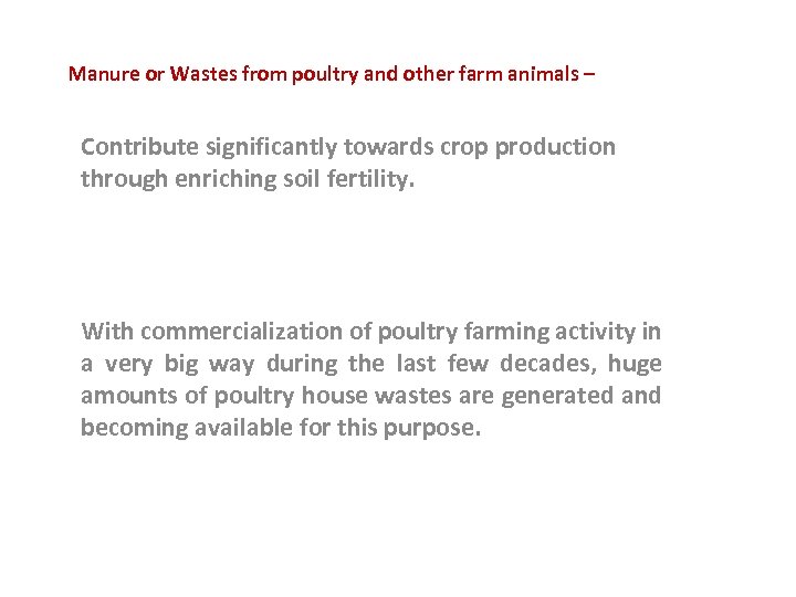 Manure or Wastes from poultry and other farm animals – Contribute significantly towards crop