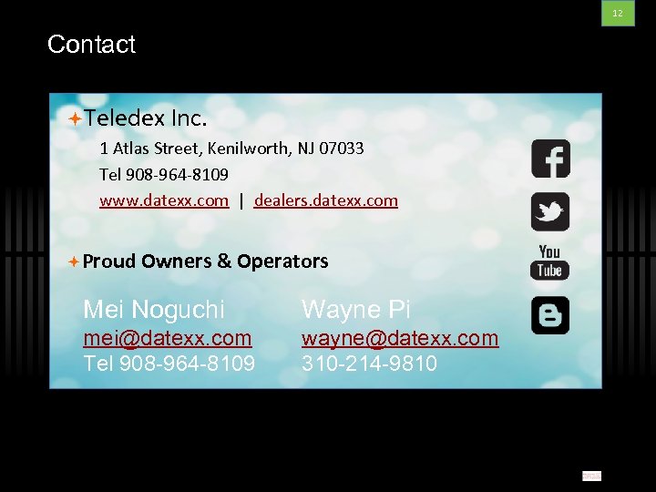 12 Contact Teledex Inc. 1 Atlas Street, Kenilworth, NJ 07033 Tel 908 -964 -8109