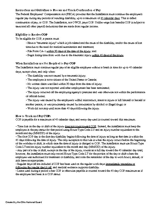 Instructions and Guidelines to Process and Track Continuation of Pay The Federal Employees’ Compensation