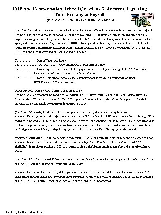COP and Compensation Related Questions & Answers Regarding Time Keeping & Payroll References: 20