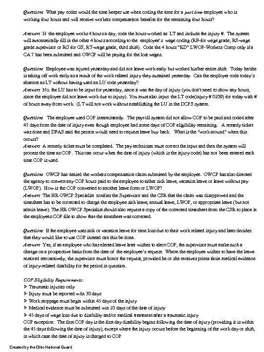 Question: What pay codes would the time keeper use when coding the time for