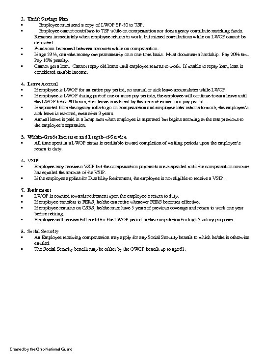 3. Thrift Savings Plan • Employee must send a copy of LWOP SF-50 to
