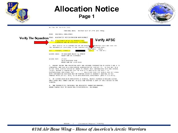 Allocation Notice Page 1 Verify The Squadron Verify AFSC 673 d Air Base Wing