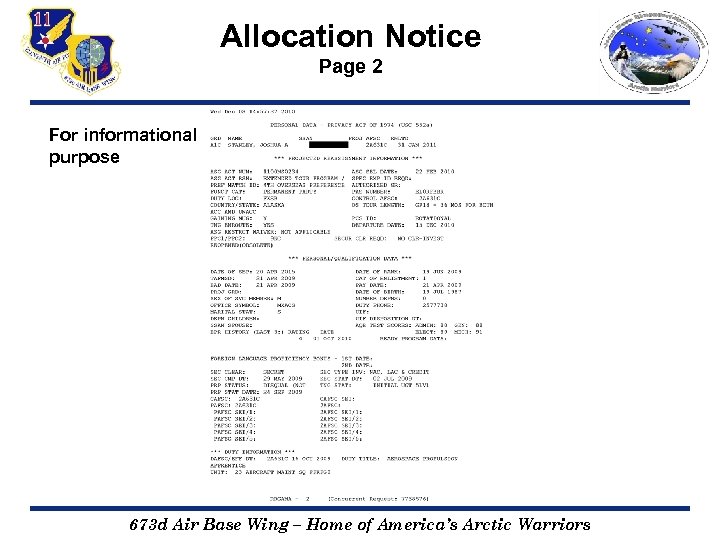 Allocation Notice Page 2 For informational purpose 673 d Air Base Wing – Home