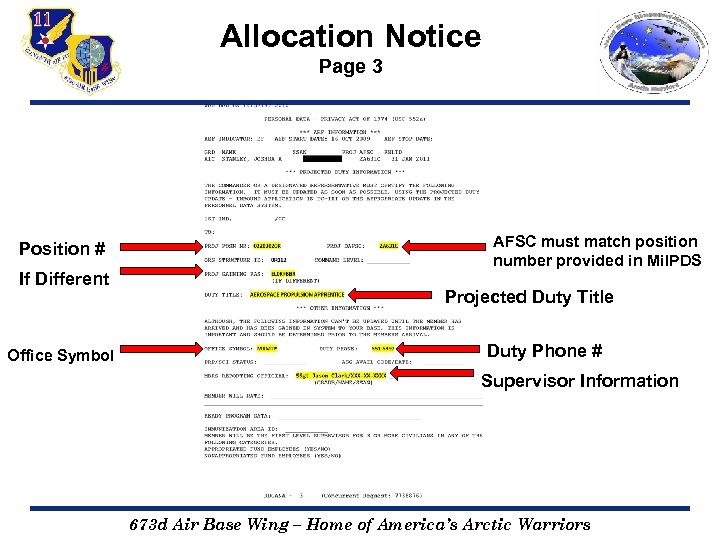 Allocation Notice Page 3 Position # If Different Office Symbol AFSC must match position