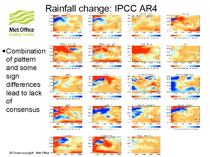 Rainfall change: IPCC AR 4 Combination of pattern and some sign differences lead to