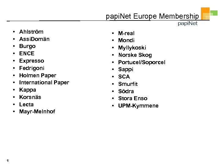 papi. Net Europe Membership • • • 5 Ahlström Assi. Domän Burgo ENCE Expresso