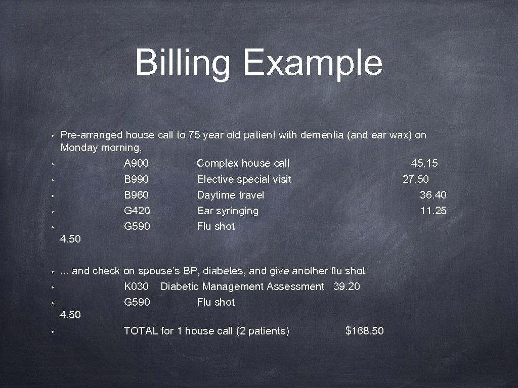 Billing Example • • • Pre-arranged house call to 75 year old patient with