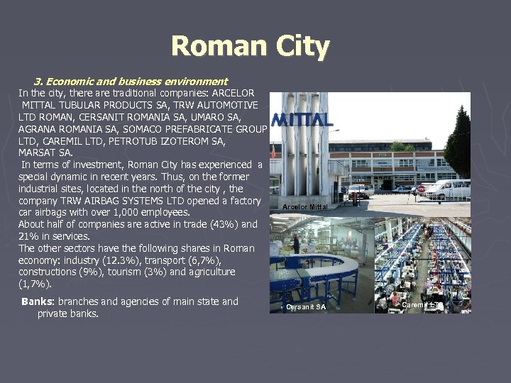 Roman City 3. Economic and business environment In the city, there are traditional companies: