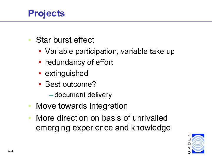 Projects • Star burst effect • • Variable participation, variable take up redundancy of