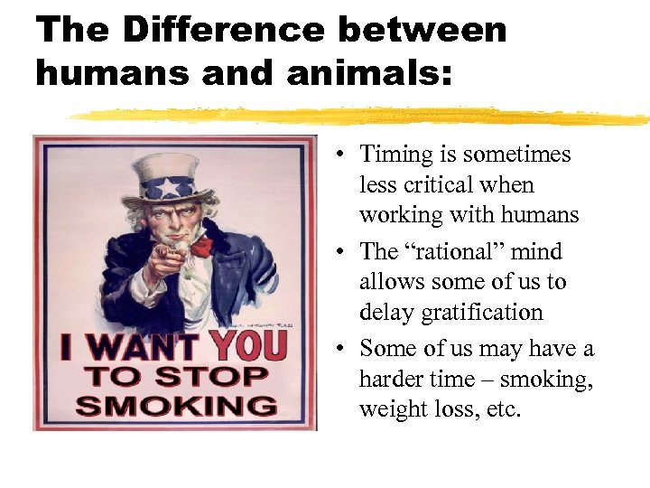 The Difference between humans and animals: • Timing is sometimes less critical when working