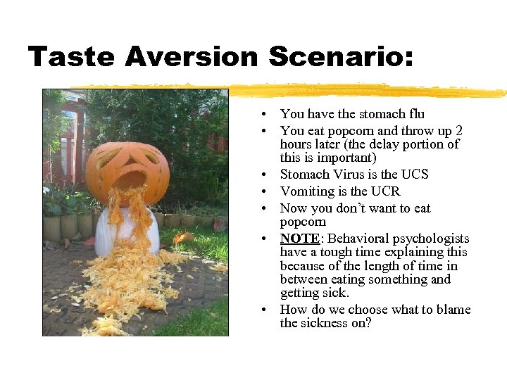 Taste Aversion Scenario: • You have the stomach flu • You eat popcorn and