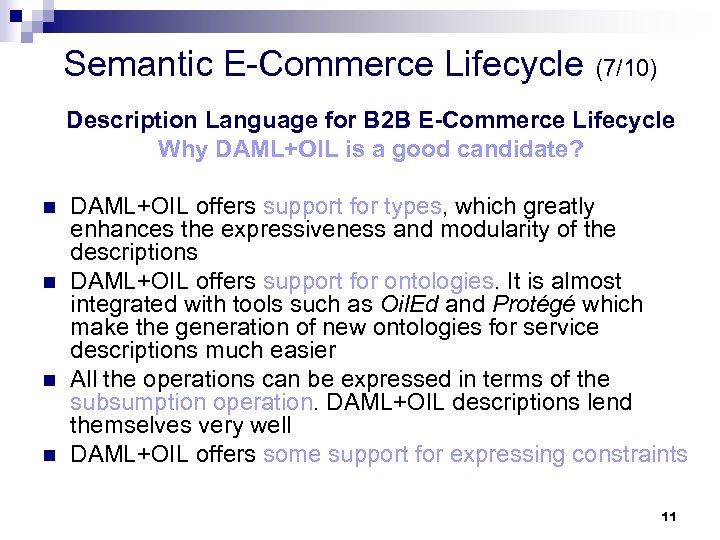 Semantic E-Commerce Lifecycle (7/10) Description Language for B 2 B E-Commerce Lifecycle Why DAML+OIL