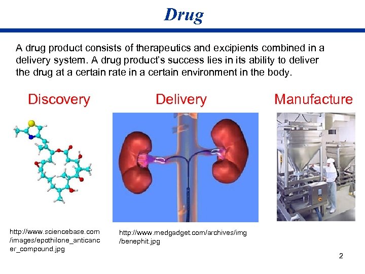 Drug A drug product consists of therapeutics and excipients combined in a delivery system.