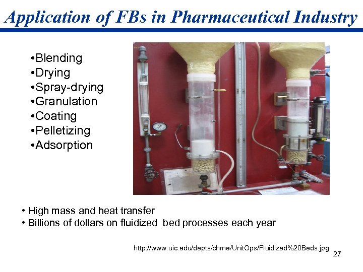 Application of FBs in Pharmaceutical Industry • Blending • Drying • Spray-drying • Granulation