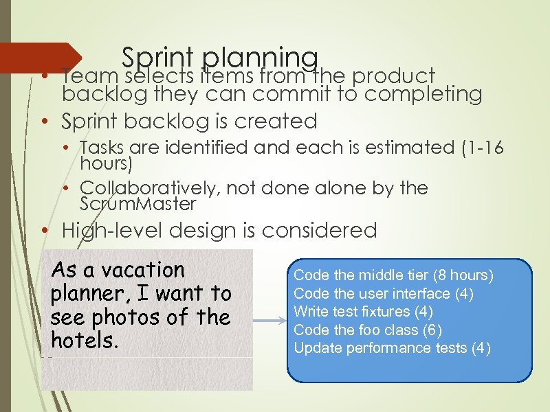 Sprint planning • Team selects items from the product backlog they can commit to