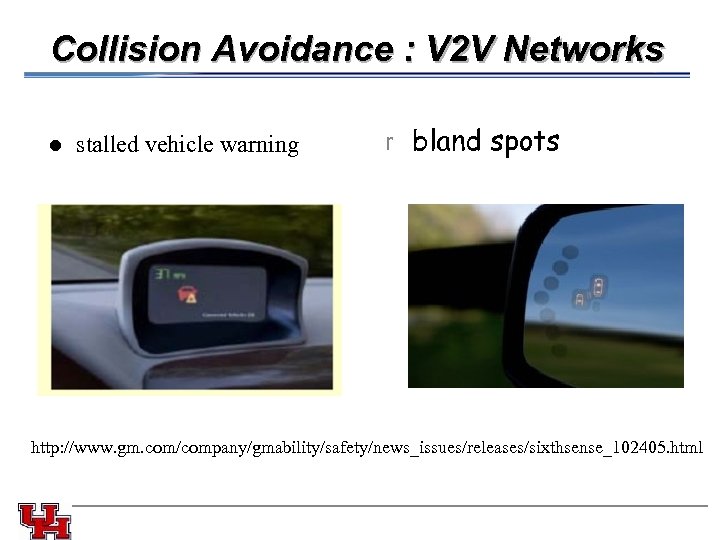 Collision Avoidance : V 2 V Networks l stalled vehicle warning r bland spots