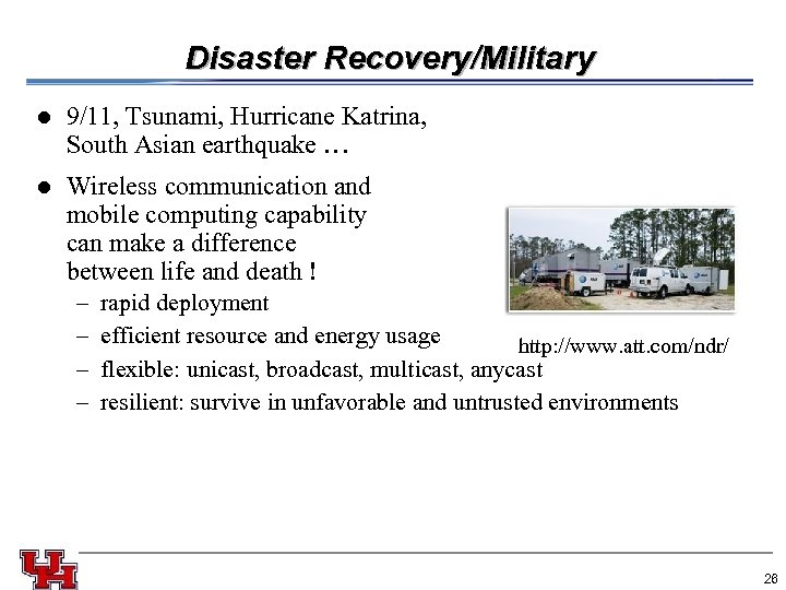 Disaster Recovery/Military l l 9/11, Tsunami, Hurricane Katrina, South Asian earthquake … Wireless communication