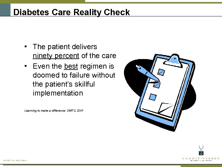 Diabetes Care Reality Check • The patient delivers ninety percent of the care •