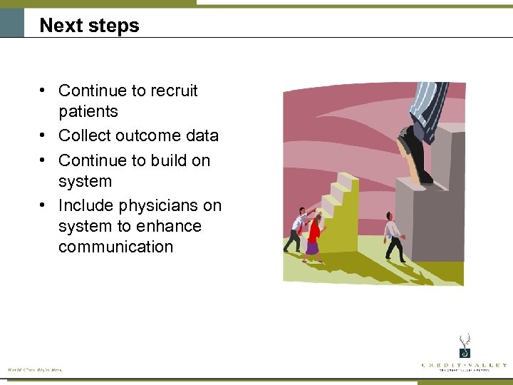 Next steps • Continue to recruit patients • Collect outcome data • Continue to