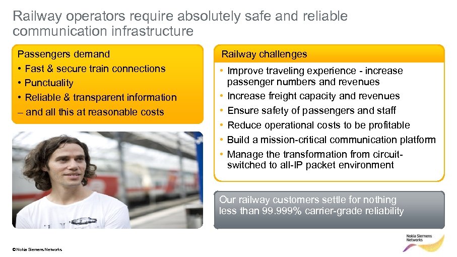 Railway operators require absolutely safe and reliable communication infrastructure Passengers demand • Fast &