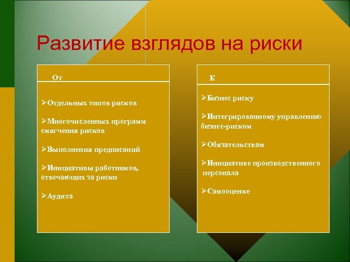 Развитие взглядов на риски От ØОтдельных типов рисков ØМногочисленных программ смягчения рисков ØВыполнения предписаний