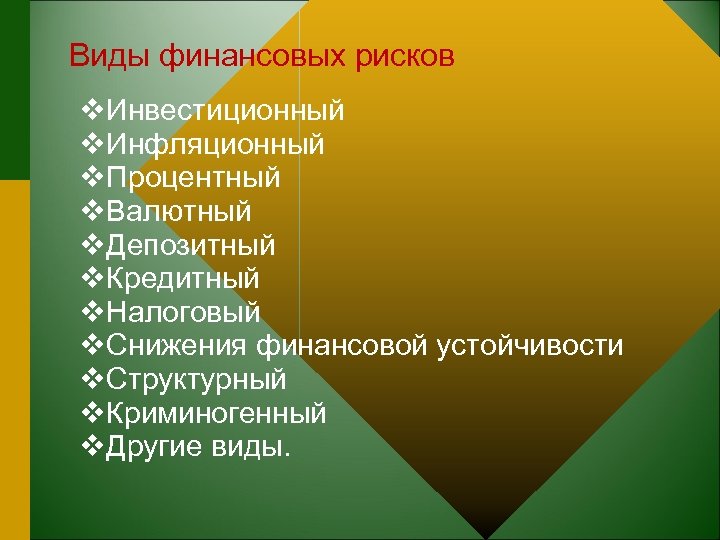 Виды финансовых рисков v. Инвестиционный v. Инфляционный v. Процентный v. Валютный v. Депозитный v.