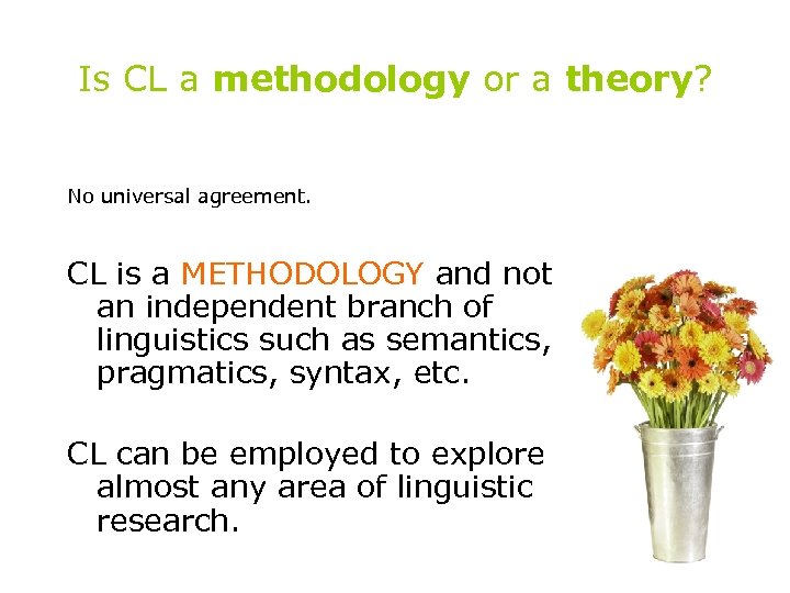 Is CL a methodology or a theory? No universal agreement. CL is a METHODOLOGY