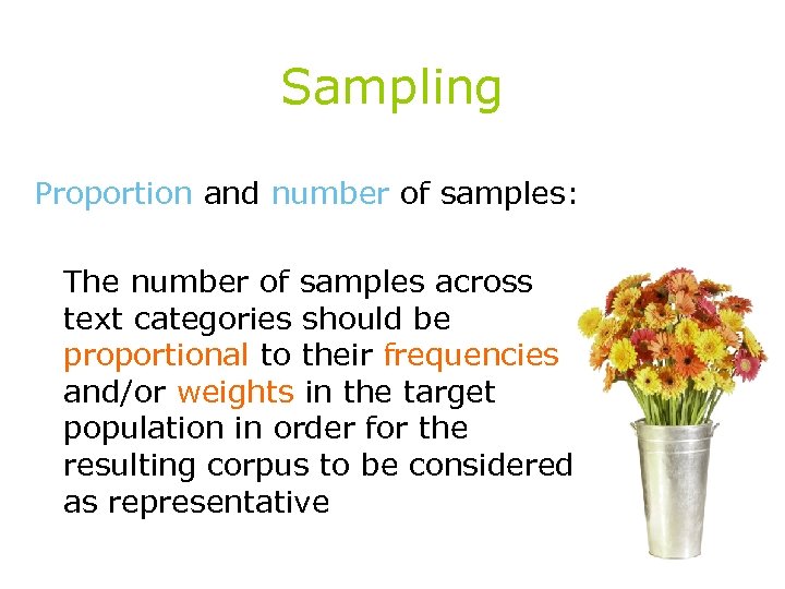 Sampling Proportion and number of samples: The number of samples across text categories should