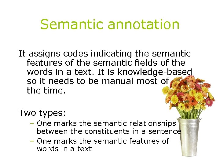 Semantic annotation It assigns codes indicating the semantic features of the semantic fields of