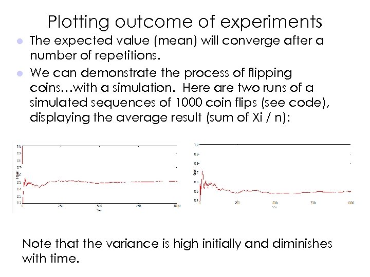 Plotting outcome of experiments The expected value (mean) will converge after a number of