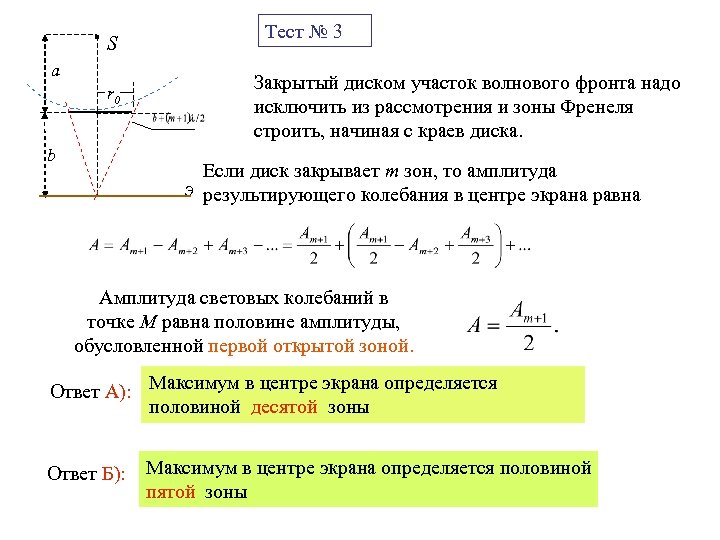 Тест № 3 S a Закрытый диском участок волнового фронта надо исключить из рассмотрения