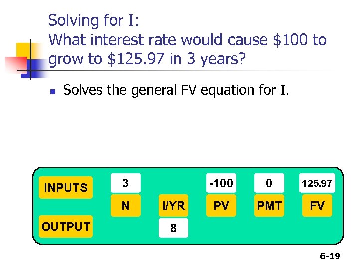 Solving for I: What interest rate would cause $100 to grow to $125. 97