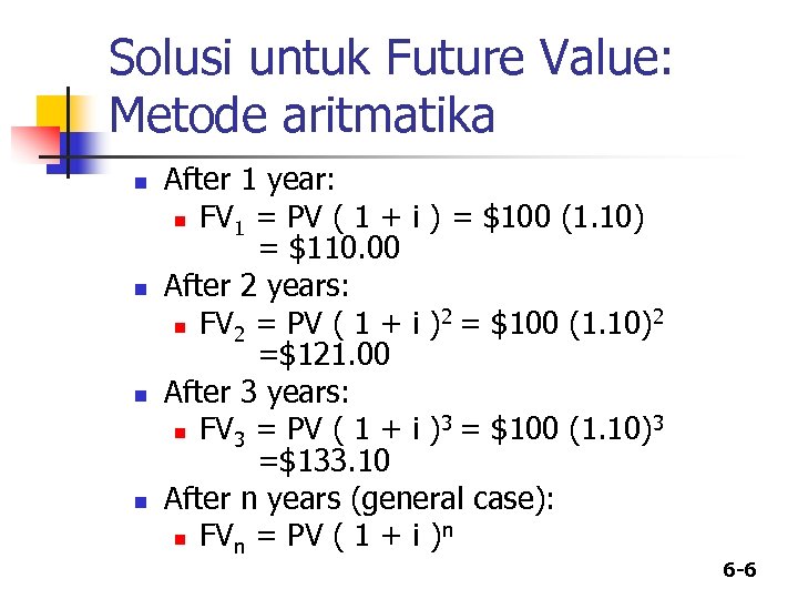 Solusi untuk Future Value: Metode aritmatika n n After 1 year: n FV 1