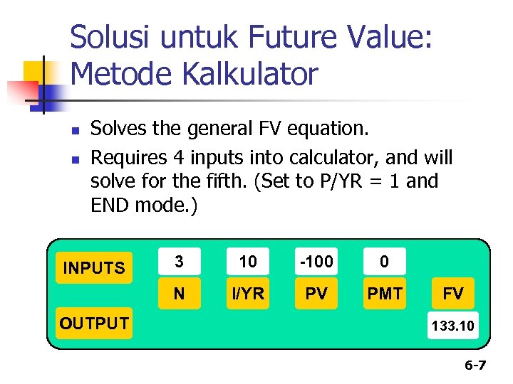 Solusi untuk Future Value: Metode Kalkulator n n Solves the general FV equation. Requires