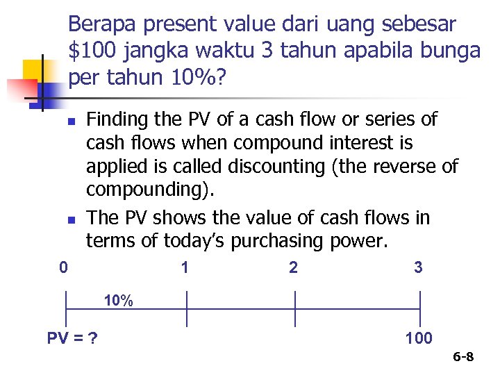 Berapa present value dari uang sebesar $100 jangka waktu 3 tahun apabila bunga per