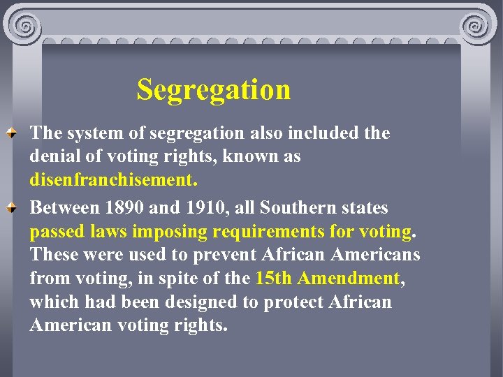 Segregation The system of segregation also included the denial of voting rights, known as