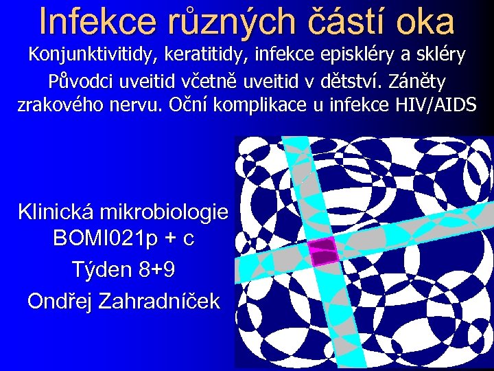 Infekce různých částí oka Konjunktivitidy, keratitidy, infekce episkléry a skléry Původci uveitid včetně uveitid